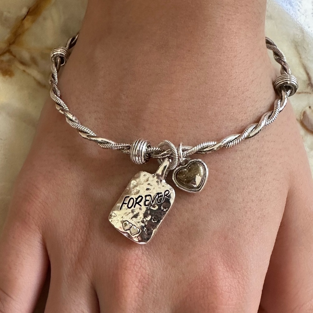 Brighton Silver Twisted Bracelet with Heart and Forever Charms​